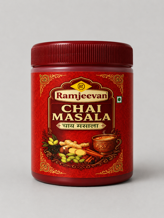 Ramjeevan chai masala tea spice blend in royal blue pouch