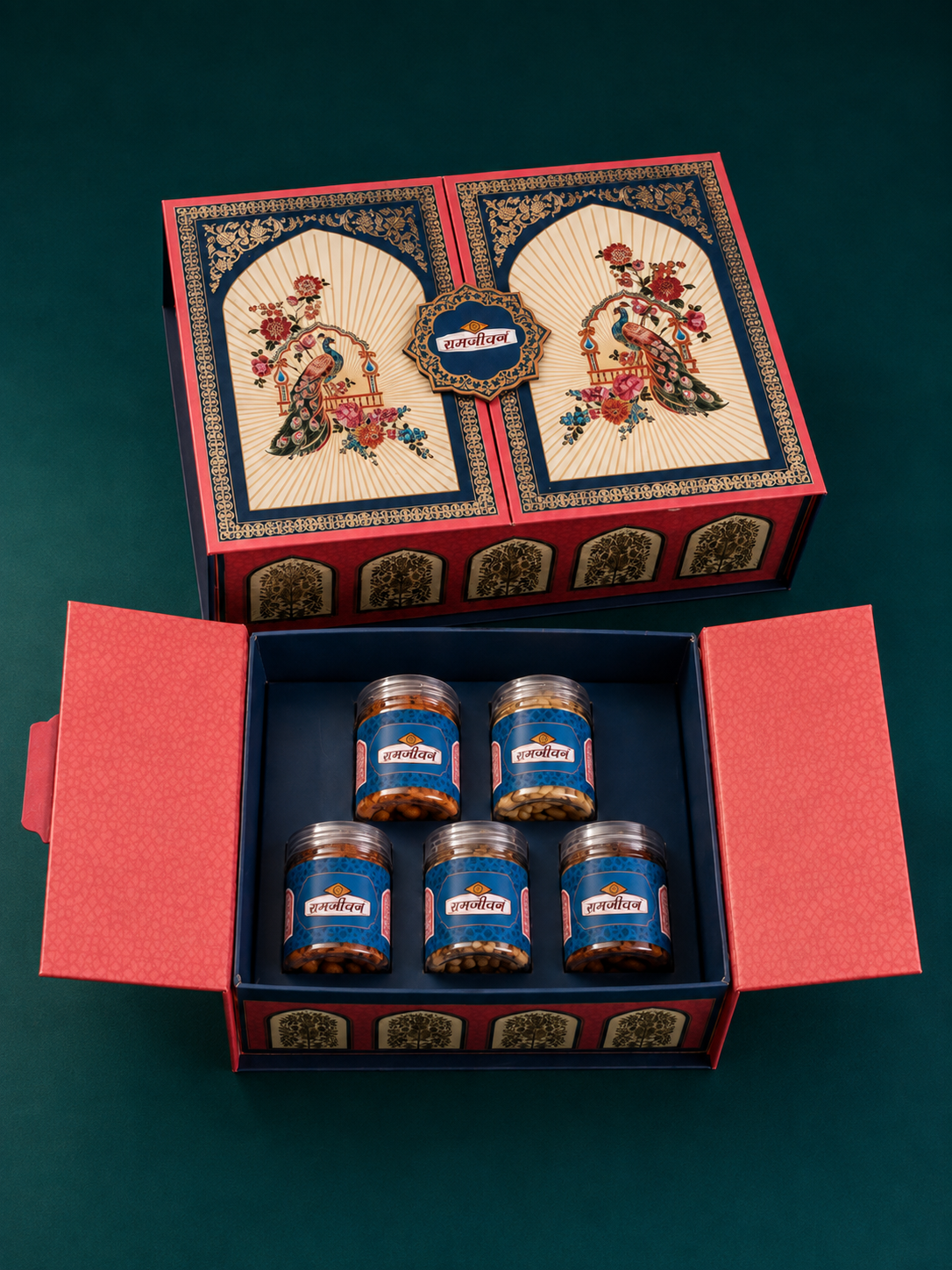 Ramjeevan Royal Heritage 5 jar dry fruit gift box, regal red two-door design with peacock Mughal arches