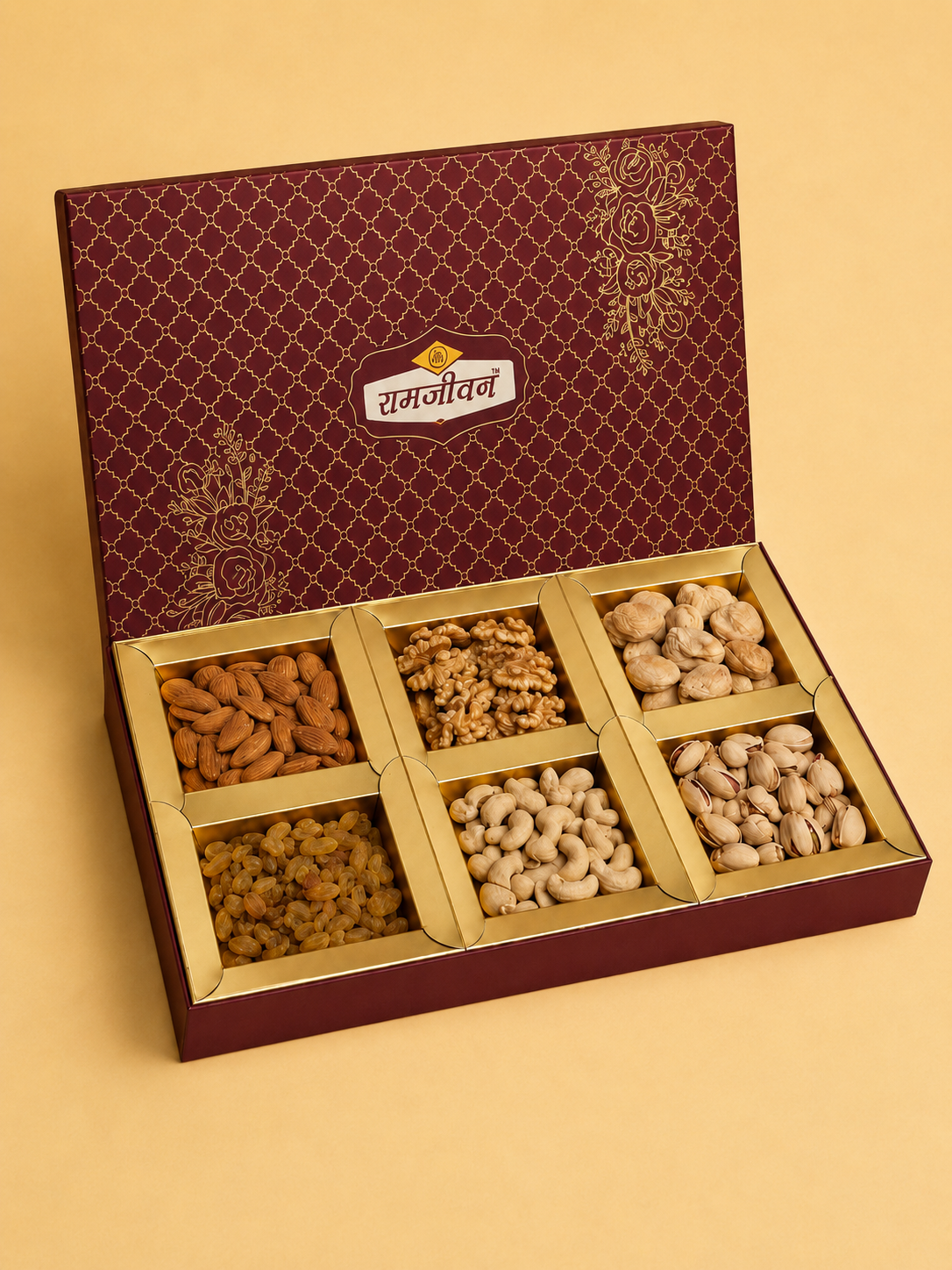 Ramjeevan Shiny Red 6 cavity dry fruit gift box, burgundy with gold trellis pattern