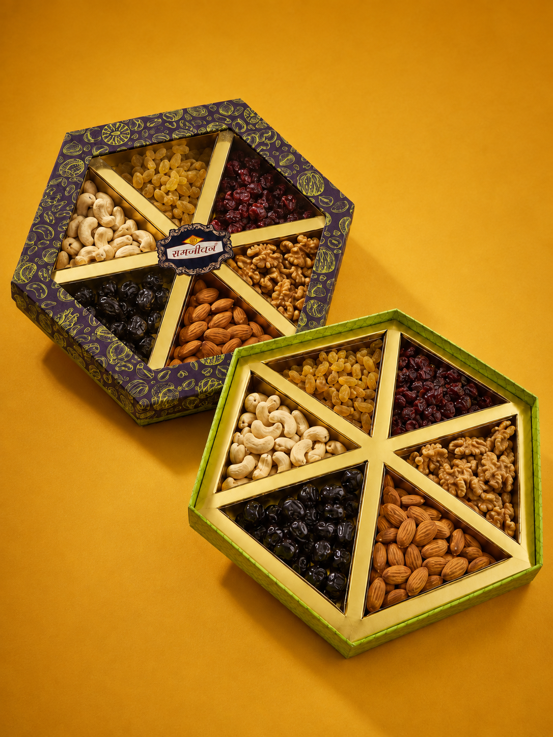 Ramjeevan Hexagonal 6 cavity dry fruit gift box, deep navy with gold dry fruit motifs