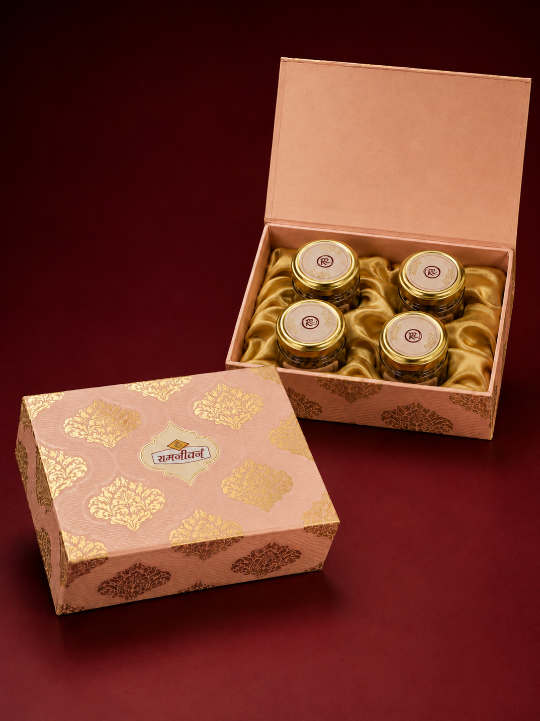 Ramjeevan Pink Mughal 4 jar dry fruit gift box, blush pink with gold Mughal damask motifs