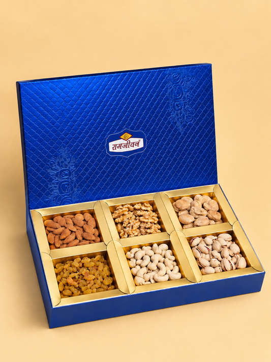 Ramjeevan Shiny Blue 6 cavity dry fruit gift box, royal blue with gold detailing