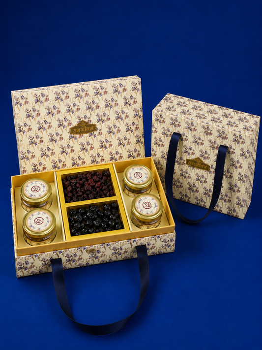 Ramjeevan White Vintage 6 jar cavity dry fruit gift box with cream floral pattern and matching carrier bag