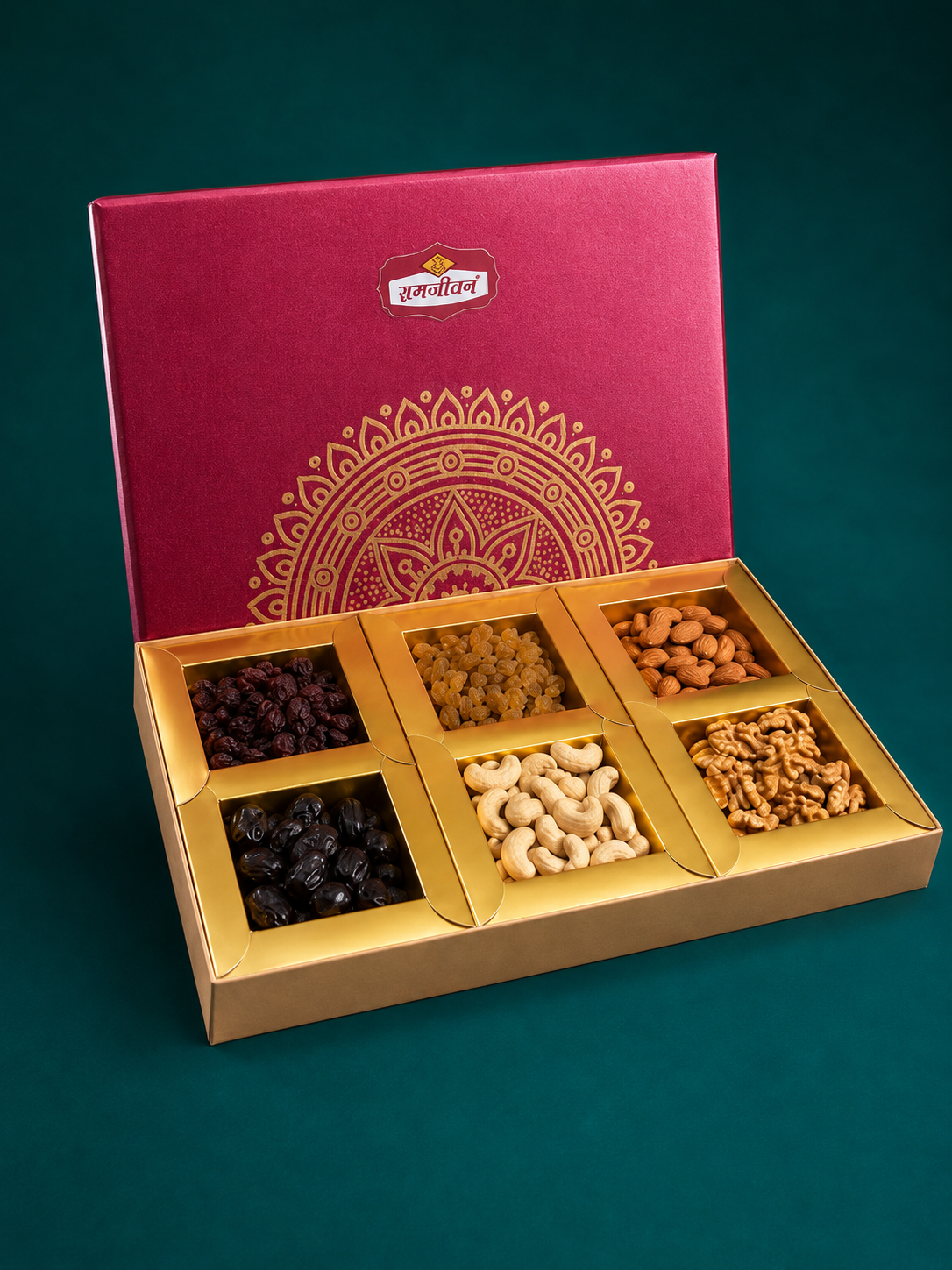Ramjeevan Half Sun 6 cavity dry fruit gift box, deep red with bold gold mandala